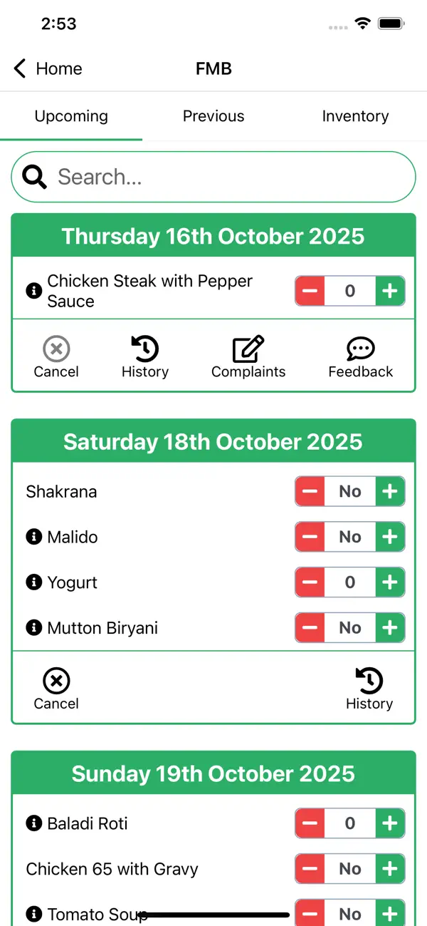 Dana App FMB screen showing upcoming meals and quantity controls